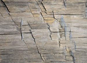 A close-up of a weathered wooden surface, perfect for rustic fireplace mantels, with prominent cracks and a rough texture, showcasing shades of gray and hints of beige and blue.