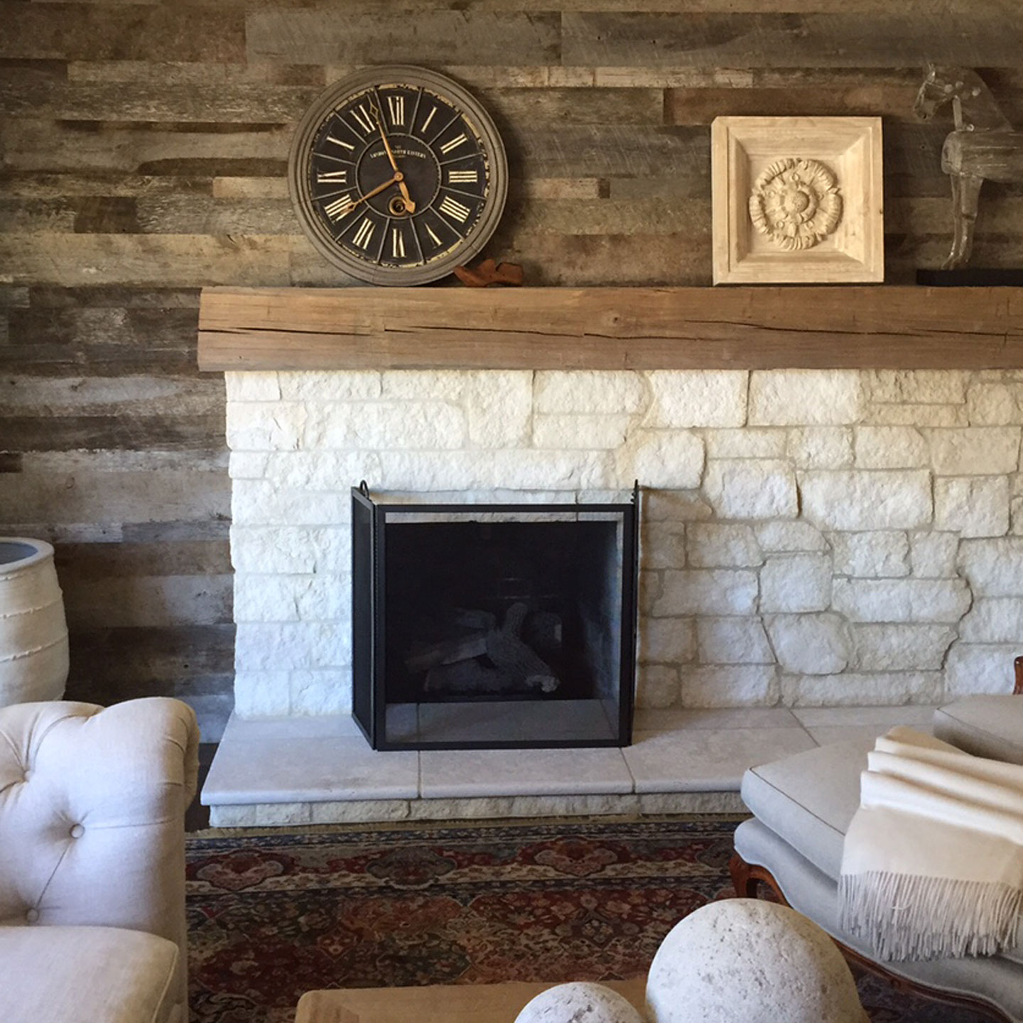 Reclaimed Wood Accent Wall and Fireplace 