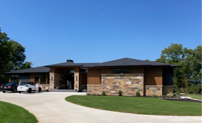 Modern one-story house by Richardson Homes with stone and wood siding, black roof