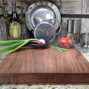 15 x 15 Custom Walnut Cutting Board with onions, tomatoes, rosemary, wine.