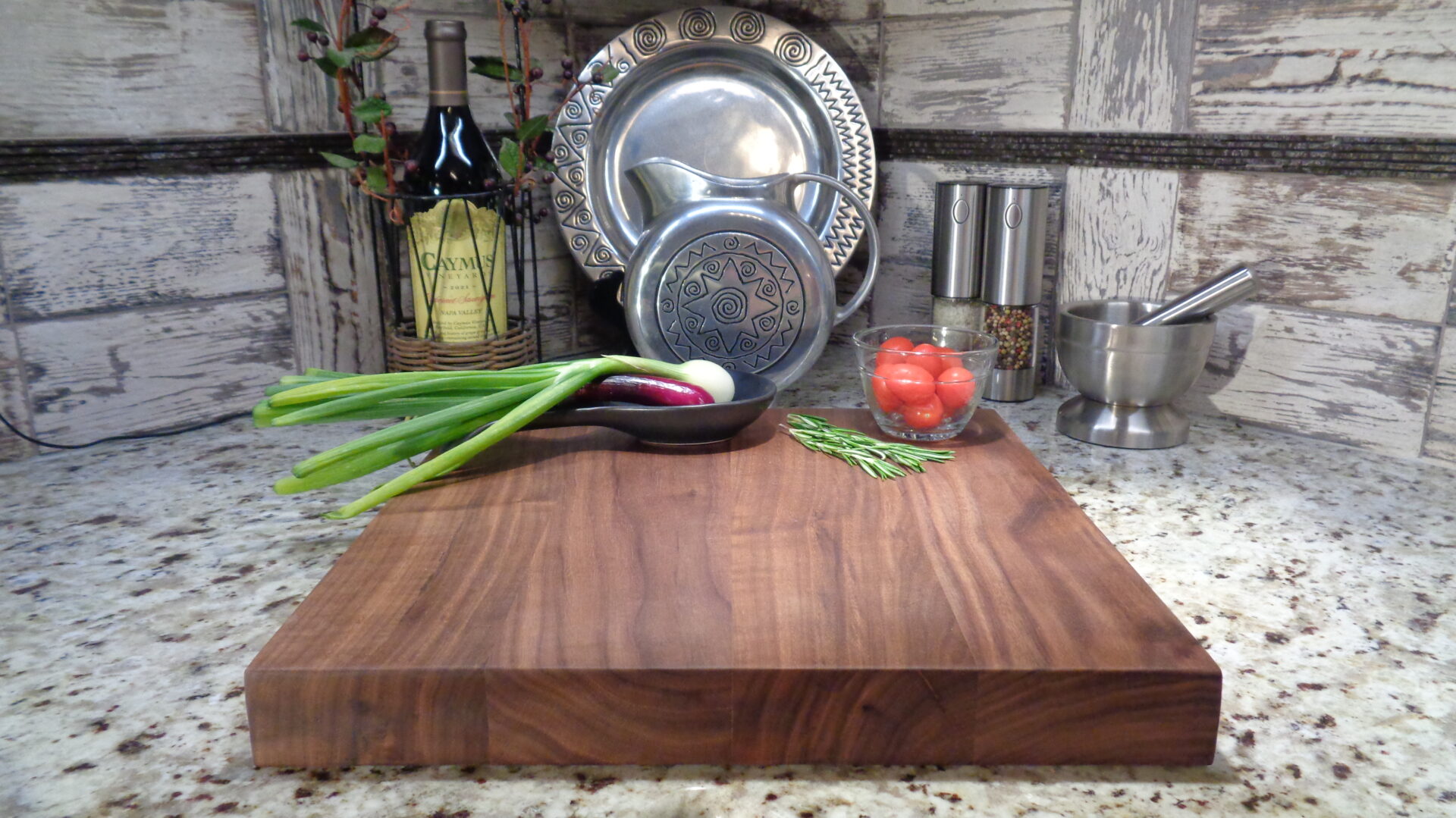 15 x 15 Custom Walnut Cutting Board with onions, tomatoes, rosemary, wine.